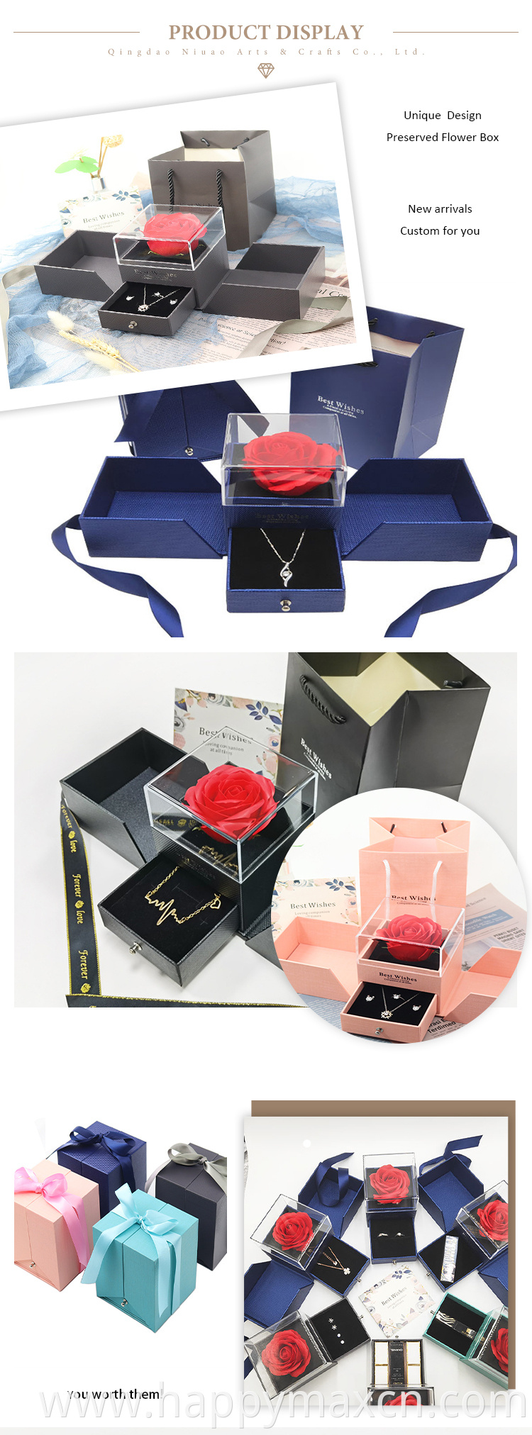 Wholesale jewelry gift boxes with rose flower for jewelry packing recycled paper jewelry packing